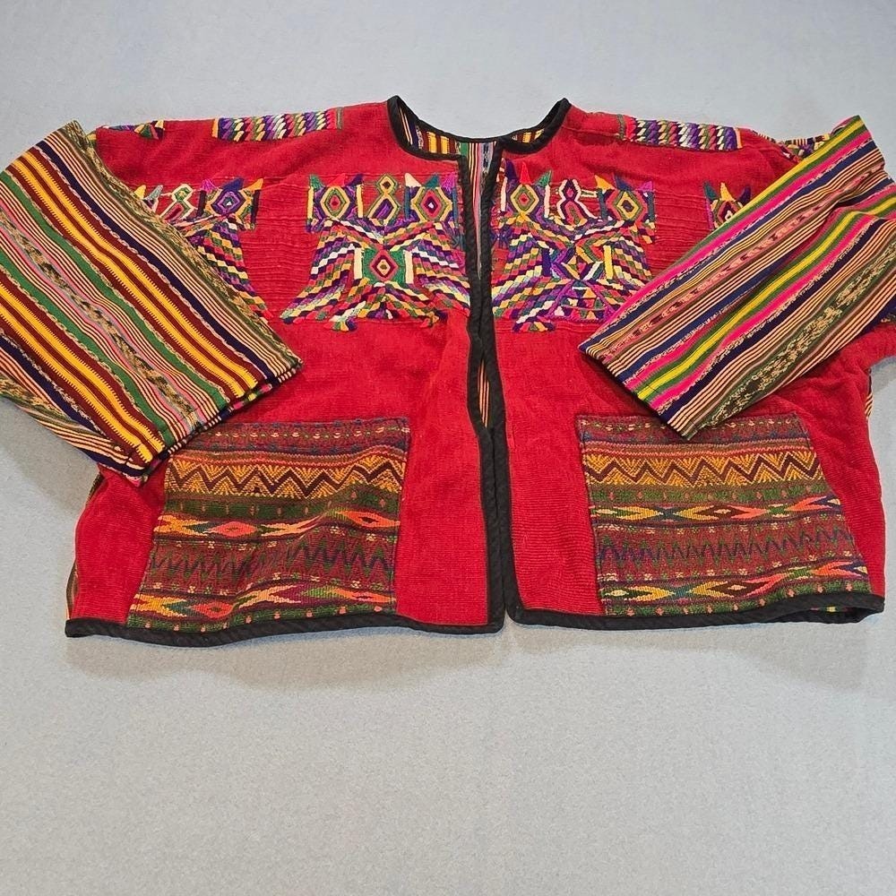 Unbranded Huipil Jacket‎ Womens L Red Hand Embroidered Mayan Geometric Striped